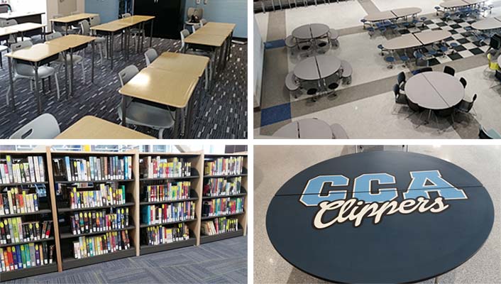 A four-pane photo collage of school facilities including a classroom with desks, a cafeteria seating area, library bookshelves, and a circular floor logo reading "CCA Clippers."