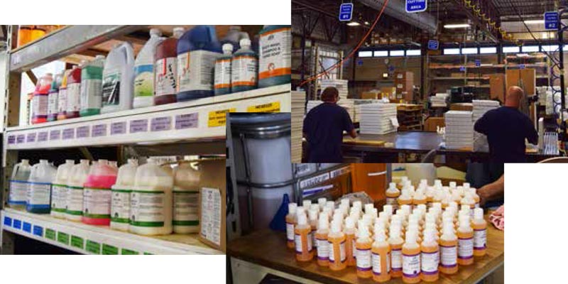 Collage of four images including a shelf of chemicals, a group of bottles on a table, and an overview of the IPI Soap Shop