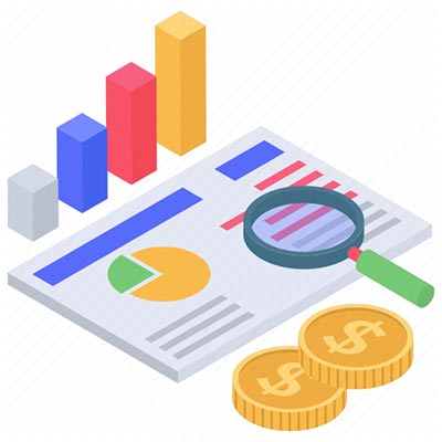 Clipart of stock bar graph, coins, and report under magnifying glass