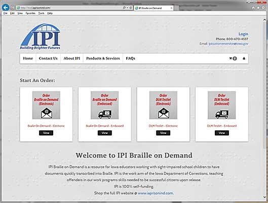 Screenshot of IPI's Braille on Demand site homepage