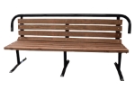 Brown wooden park bench with black frame and ADA accessible top bar