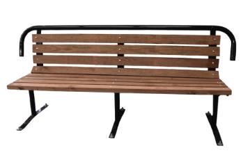 Brown wooden park bench with black frame and ADA accessible top bar