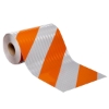 Roll of orange and white diagonally-striped reflective sheeting.