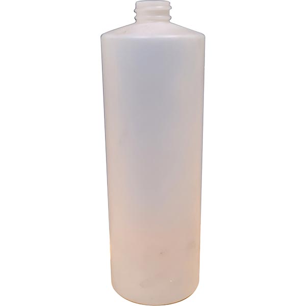 Translucent plastic cylindrical bottle with a threaded neck finish.