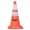 Orange traffic cone with two reflective stripes and black sample text