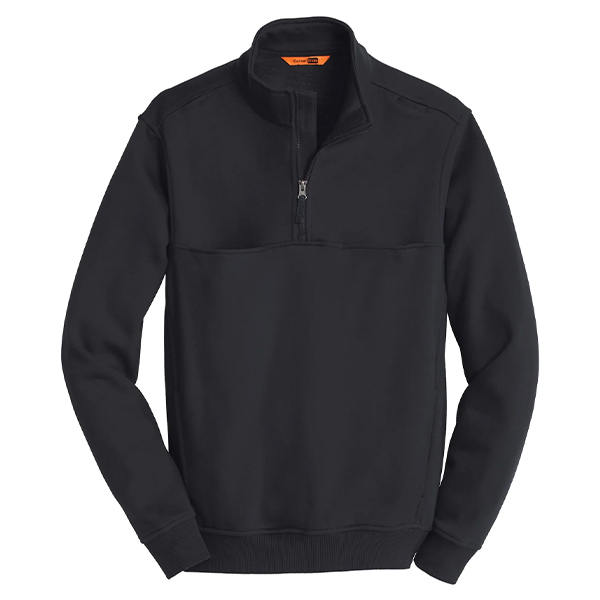 Black half-zip long sleeve job shirt with orange cornerstone neck label.