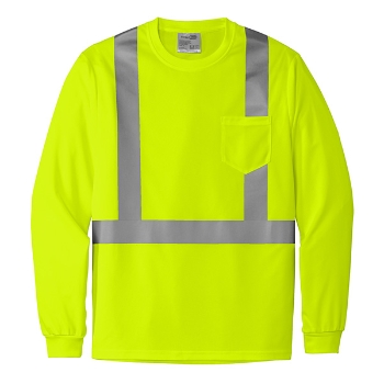 Long sleeve safety yellow mesh pocket tee with Class 2 reflective striping