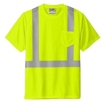 Short sleeve safety yellow mesh pocket tee with Class 2 reflective striping