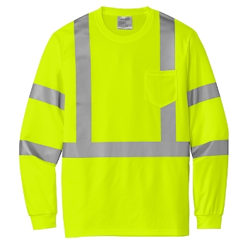 Long sleeve safety yellow mesh pocket tee with Class 3 reflective striping