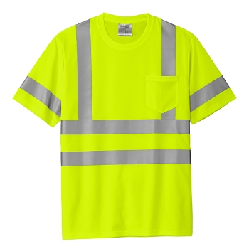 Short sleeve safety green t-shirt with left chest pocket and class 3 reflective segmented taping
