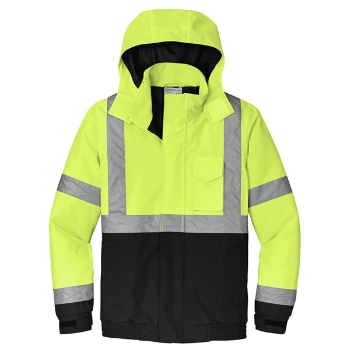 Safety Yellow bomber jack with black bottom, cuffs, and reflective striping