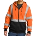 Safety Orange heavy-duty fleece hoodie with black bottom, zipper, and drawcords with reflective taping