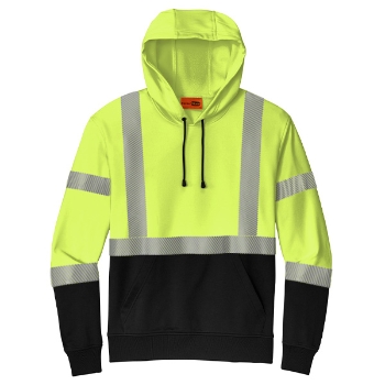 Safety Yellow pullover hoodie with black bottom and drawstrings and reflective taping