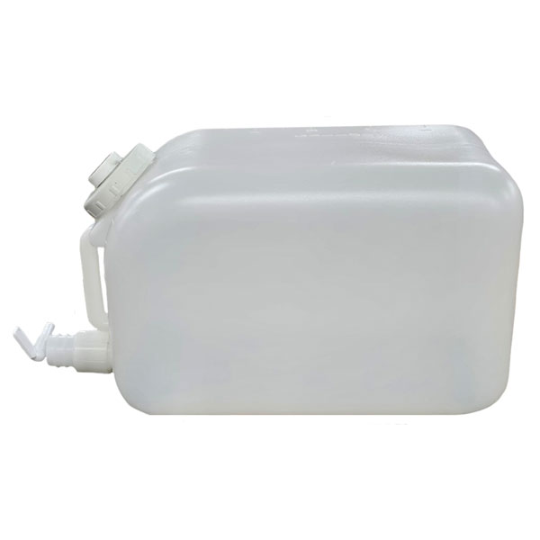 Translucent white plastic dispensing jug with a top cap, integrated handle, and front spigot.