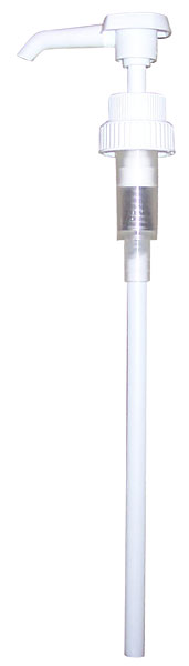 White plastic pump dispenser with a threaded cap and long dip tube.