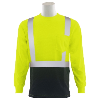 Safety Green Class 2 safety long sleeve shirt with left chest pocket and black bottom