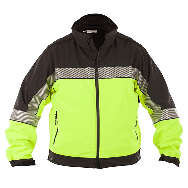 High-visibility yellow and black softshell jacket with reflective stripes and full-front zipper.