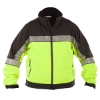 High-visibility yellow and black softshell jacket with reflective stripes and full-front zipper.