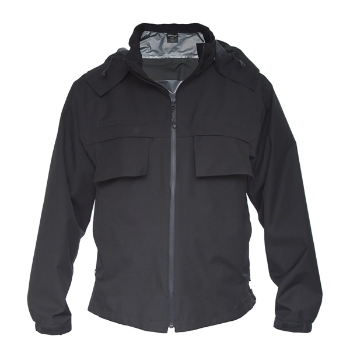 Black shield pinnacle jacket with full zipper and flap breast pockets.