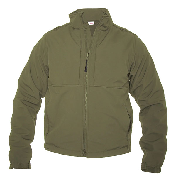 Olive green softshell full-zip jacket with a stand-up collar and zippered side pockets.