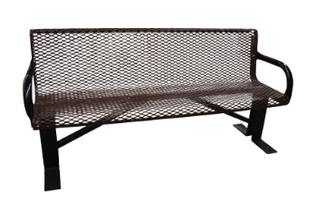 Brown expanded metal park bench with black frame and arms