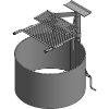 3D CAD rendering of a deep round metal fire ring featuring dual-tiered swivel cooking grates and a hand crank mechanism.