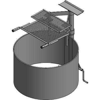 3D CAD rendering of a deep round metal fire ring featuring dual-tiered swivel cooking grates and a hand crank mechanism.