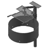 3D CAD rendering of a round metal fire ring featuring dual-tiered swivel cooking grates, a utility shelf, and an in-ground support post.