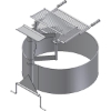 3D CAD rendering of a round metal fire ring featuring dual-tiered swivel cooking grates, a shelf, and an attached side-mounting bracket.
