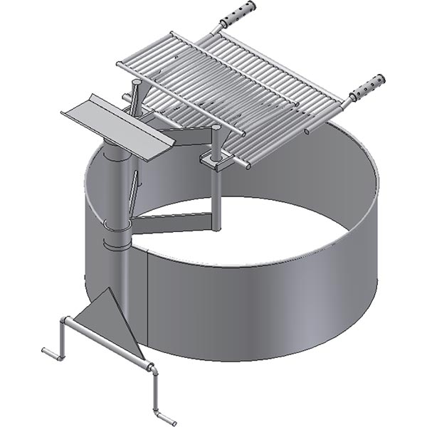 3D CAD rendering of a round metal fire ring featuring dual-tiered swivel cooking grates, a shelf, and an attached side-mounting bracket.