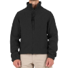 Black softshell jacket with a high collar and full-front zipper, worn on a model.