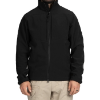Black softshell jacket with front zip closure and stand-up collar, modeled on a person.