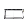 Black metal wire wall rack featuring top mounting slots and a small brass padlock secured to the right side.