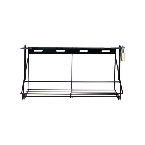 Black metal wire wall rack featuring top mounting slots and a small brass padlock secured to the right side.