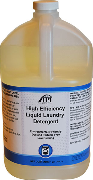 One-gallon jug of yellow IPI High Efficiency Liquid Laundry Detergent with a blue and white label and white cap.