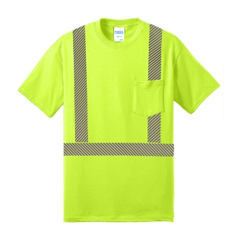 Short sleeve safety green t-shirt with left chest pocket and class 2 reflective segmented striping