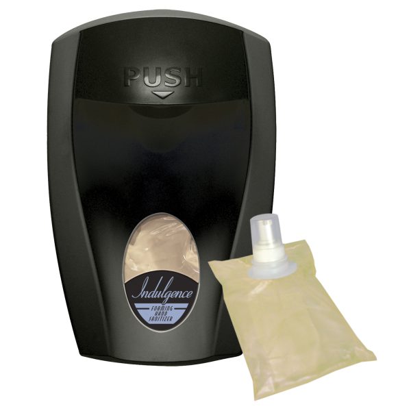 Black wall-mounted dispenser alongside a clear refill pouch of Indulgence foaming hand sanitizer.