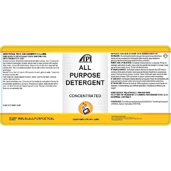 Product label for API Concentrated All Purpose Detergent featuring usage directions, safety warnings, and brand logos on a white and yellow background.
