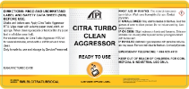 Product label for API Citra Turbo Clean Aggressor Ready To Use cleaner, featuring usage directions, safety information, and brand logos on a white and yellow background.