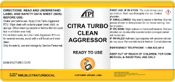 Product label for API Citra Turbo Clean Aggressor Ready To Use cleaner, featuring usage directions, safety information, and brand logos on a white and yellow background.