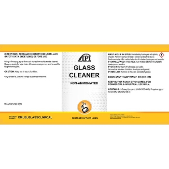 Product label for API Non-Ammoniated Glass Cleaner featuring usage directions, safety instructions, and brand logos on a white and yellow background.