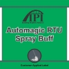 Product label for IPI Automagic RTU Spray Buff featuring a mop graphic and customer applied label text on a green background.