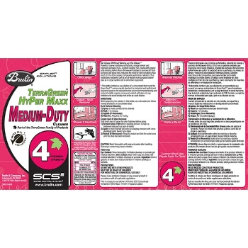 Pink and white product label for Brulin TerraGreen HyPer Maxx Medium-Duty Cleaner with instructions and safety info.