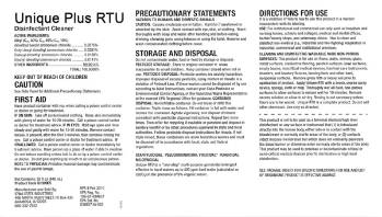 White printed label for Unique Plus RTU with directions and cautions.