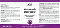 IPI Warewash Degreaser 1-gallon product label graphic featuring purple top and bottom borders, a white background with product text, and a circular illustration of a pot.