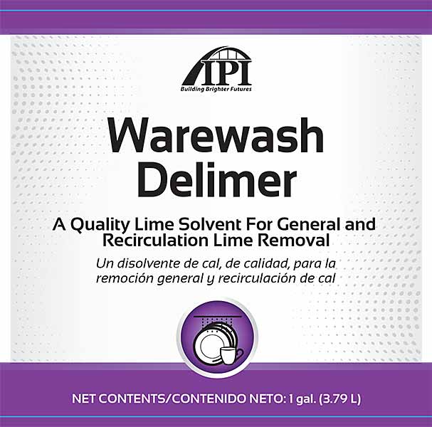 IPI Warewash Delimer 1-gallon product label featuring a white center with a purple top and bottom border, along with an illustration of stacked dishes.