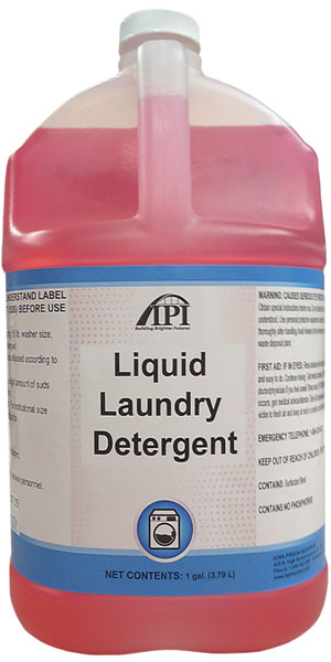 One-gallon jug of pink IPI Liquid Laundry Detergent with a blue and white label and white cap.