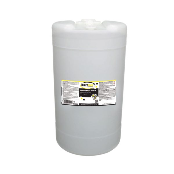 Large translucent white drum container of Liquid Oxygen Bleach.