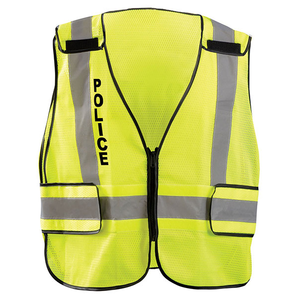 High-visibility yellow mesh safety vest with reflective stripes and "POLICE" printed on the chest.
