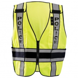 High-visibility yellow public safety vest with reflective striping and "POLICE" printed on both shoulders.